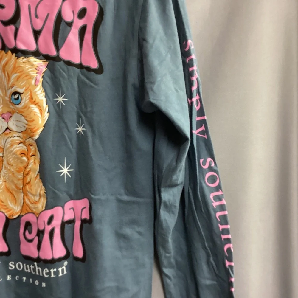 Simply Southern Karma Is A Cat Graphic Long Sleeve T-Shirt Women's‎ S Dusty Blue